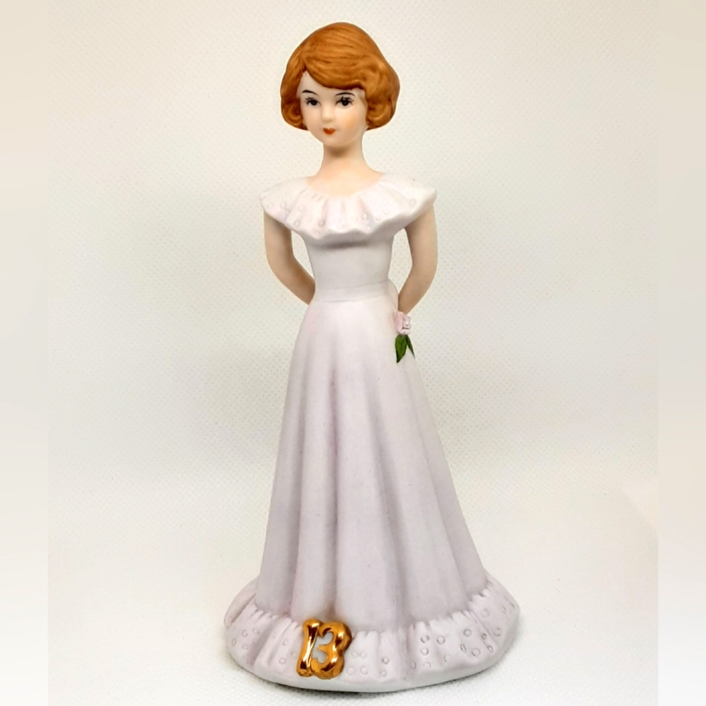 1982 Enesco Growing Up Birthday Girls Figurine Age 13 Purple Dress Vintage Gift